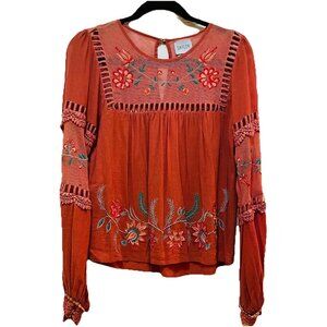 SAYLOR Rust Embroidered Crochet Long Sleeve Bohemian Top Sz S